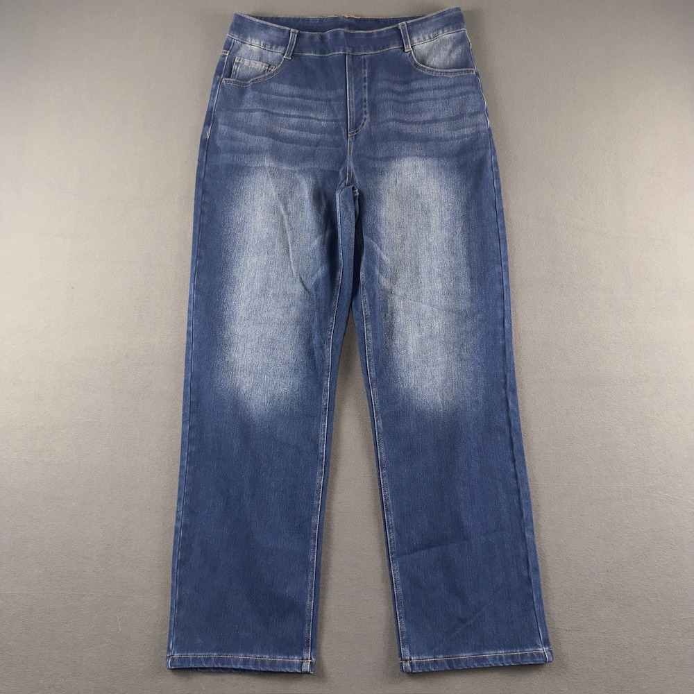 Halara Petite Wide Leg Jeans Blue Wash High Rise Pull On Stretch Pants Large